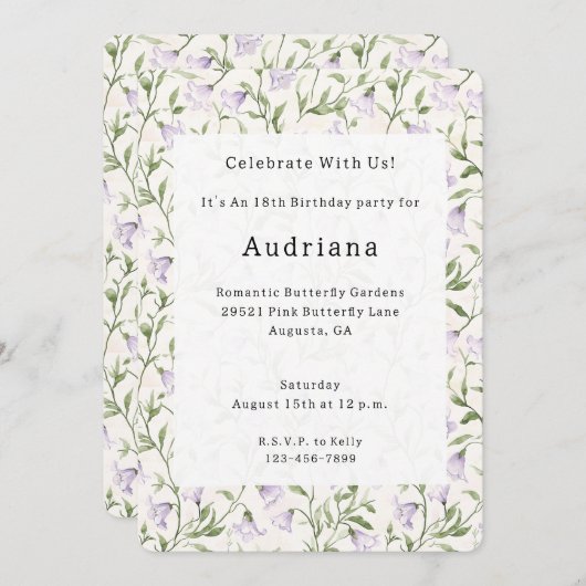 パープルかわいらしフローラ誕生日 招待状 (正面/裏面)
