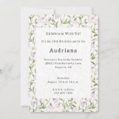 パープルかわいらしフローラ誕生日 招待状 (正面)