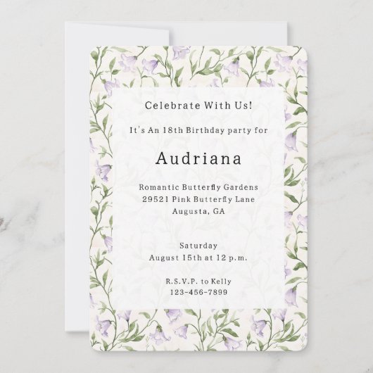 パープルかわいらしフローラ誕生日 招待状 (正面)