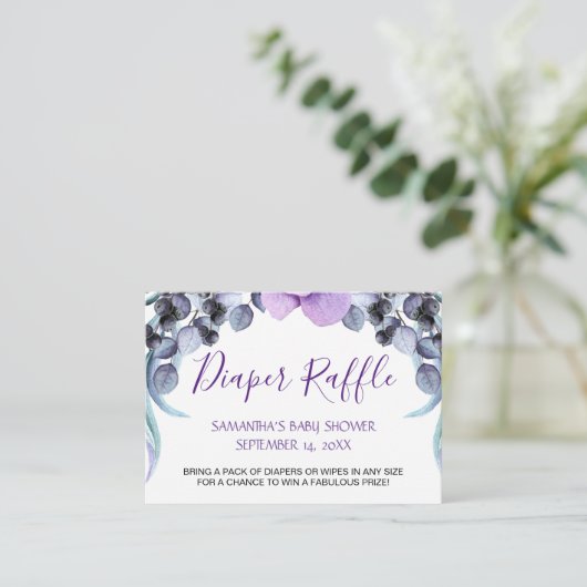 パープルかわいらしフローラ赤ちゃんシャワーおむつラッフル エンクロージャーカード (スタンド正面)