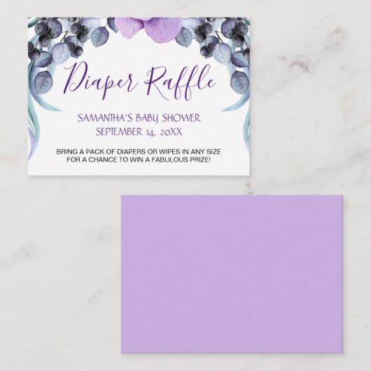 パープルかわいらしフローラ赤ちゃんシャワーおむつラッフル エンクロージャーカード (正面/裏面)