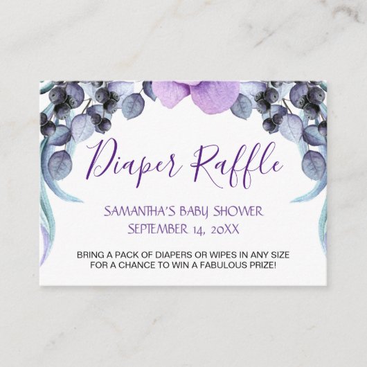 パープルかわいらしフローラ赤ちゃんシャワーおむつラッフル エンクロージャーカード (正面)