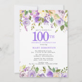 パープルかわいらしフローラ100th誕生日パーティー 招待状 (正面)