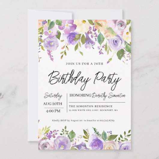 パープルかわいらしフローラ70th誕生日パーティー 招待状 (正面)