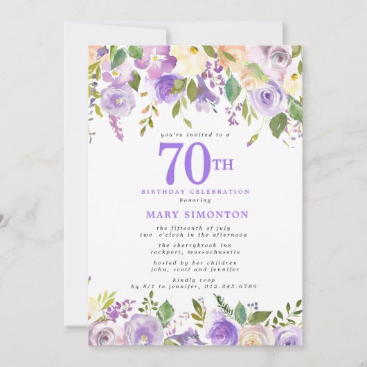 パープルかわいらしフローラ70th誕生日パーティー 招待状 (正面)