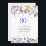 パープルかわいらしフローラ80th誕生日パーティー 招待状<br><div class="desc">この誕生日と80回目のエレガントパーティーの招待フェミニンで特別な女性を尊重する。80日は大書紫文字。誕生祝い後を追。ゲストの名前も青い大文字で表記されている。誕生祝い詳細は上下の紫色のフローラに囲ま縁どれる。フローラ素子は深い緑色の葉層である。デザインの間伝統的に、開いた風通しの良い植物性の葉と文字与えはバイブコンテンポラリーだ。このアイテムはパープル素朴フローラ植物第80回誕生日コレクションの一部である。</div>