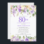 パープルかわいらしフローラ80th誕生日パーティー 招待状<br><div class="desc">この誕生日と80回目のエレガントパーティーの招待フェミニンで特別な女性を尊重する。80日は大書紫文字。誕生祝い後を追。ゲストの名前も青い大文字で表記されている。誕生祝い詳細は上下の紫色のフローラに囲ま縁どれる。フローラ素子は深い緑色の葉層である。デザインの間伝統的に、開いた風通しの良い植物性の葉と文字与えはバイブコンテンポラリーだ。このアイテムはパープル素朴フローラ植物第80回誕生日コレクションの一部である。</div>