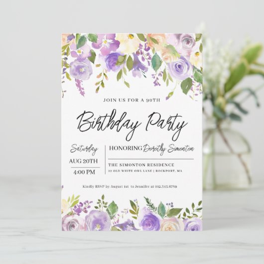 パープルかわいらしフローラ90th誕生日パーティー 招待状 (スタンド正面)