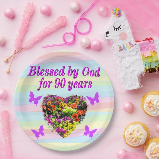 パープルかわいらしフローラ90th誕生日紙プレート ペーパープレート (パーティー)