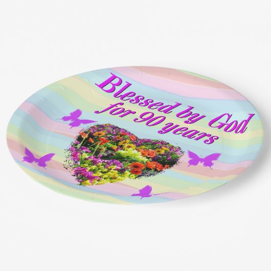 パープルかわいらしフローラ90th誕生日紙プレート ペーパープレート (アングル)