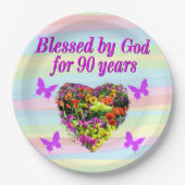 パープルかわいらしフローラ90th誕生日紙プレート ペーパープレート (正面)