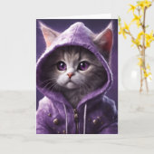 パープルかわいらしフード付きスウェットシャツすべての行事カードの子猫 カード (黄色い花)
