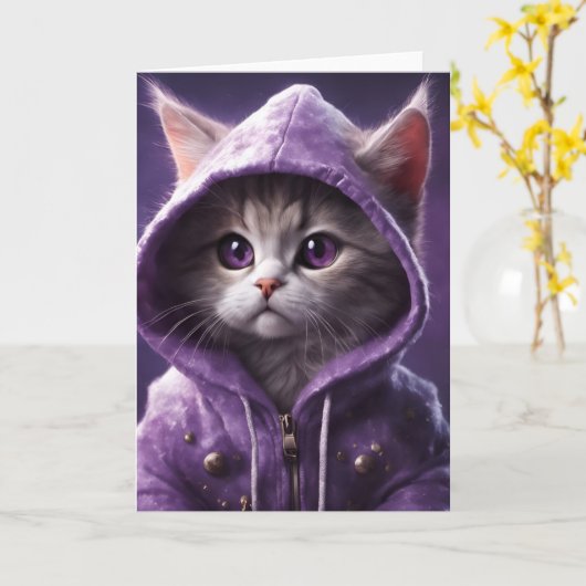 パープルかわいらしフード付きスウェットシャツすべての行事カードの子猫 カード (黄色い花)