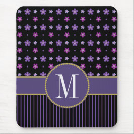 パープルかわいらしブラックフローラストライプの金ゴールド マウスパッド