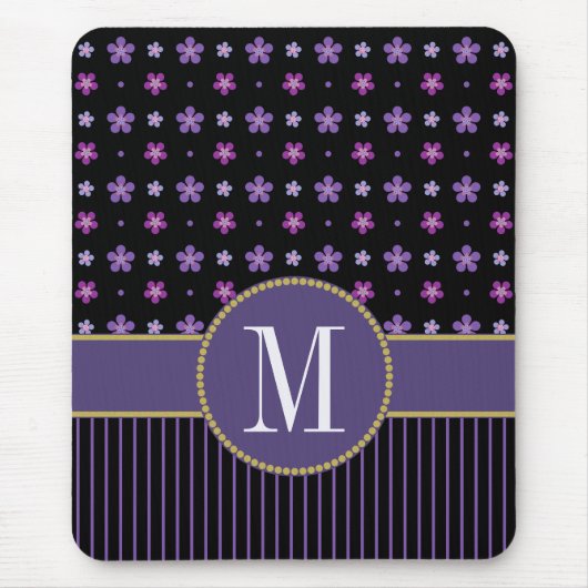パープルかわいらしブラックフローラストライプの金ゴールド マウスパッド (正面)
