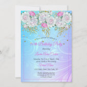 パープルかわいらしブルー金ゴールドフローラピンク誕生日パーティー 招待状 (正面)