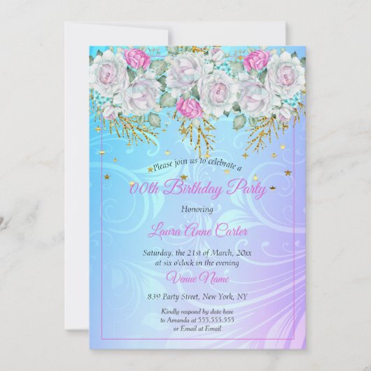 パープルかわいらしブルー金ゴールドフローラピンク誕生日パーティー 招待状 (正面)