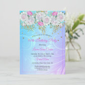 パープルかわいらしブルー金ゴールドフローラピンク誕生日パーティー 招待状 (スタンド正面)