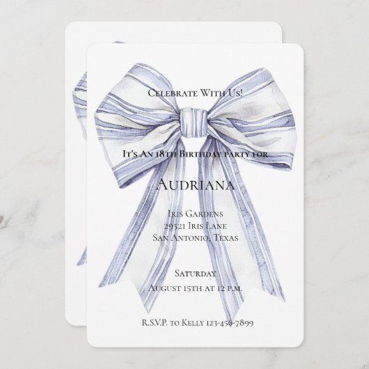 パープルかわいらしホワイトボウ誕生日 招待状 (正面/裏面)