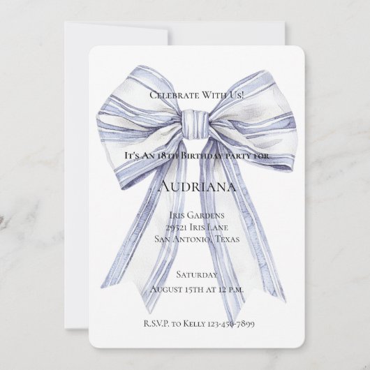 パープルかわいらしホワイトボウ誕生日 招待状 (正面)