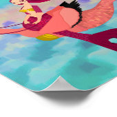 パープルかわいらしマーメイドとフラミンゴ ポスター (角)