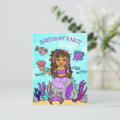 パープルかわいらしマーメイド誕生日招待状 ポストカード (スタンド正面)