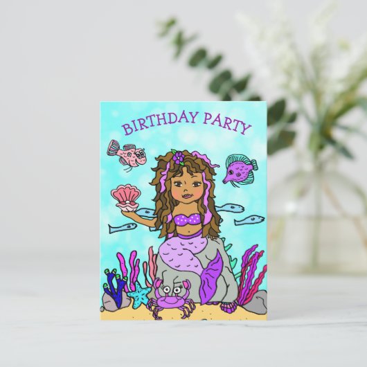 パープルかわいらしマーメイド誕生日招待状 ポストカード (スタンド正面)