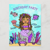 パープルかわいらしマーメイド誕生日招待状 ポストカード (正面)
