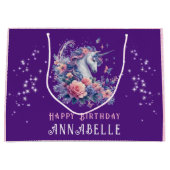 パープルかわいらしユニコーンピンクグリッターガール誕生日 ラージペーパーバッグ (正面)