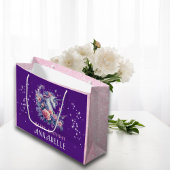 パープルかわいらしユニコーンピンクグリッターガール誕生日 ラージペーパーバッグ