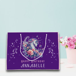 パープルかわいらしユニコーンピンクグリッターガール誕生日 ラージペーパーバッグ