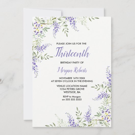 パープルかわいらしラベンダーフローラ13番目の誕生日招待状 招待状 (正面)