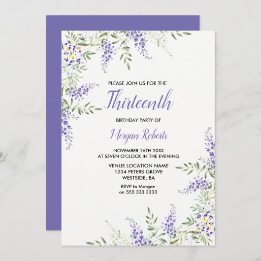 パープルかわいらしラベンダーフローラ13番目の誕生日招待状 招待状 (正面/裏面)