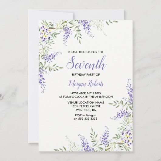 パープルかわいらしラベンダーフローラ7番目の誕生日招待状 招待状 (正面)