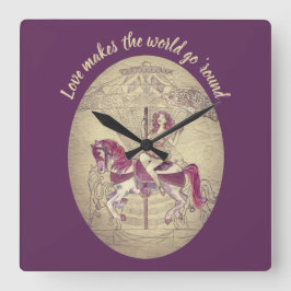 パープルかわいらし回転木馬イラストレーションと引用文 スクエア壁時計
