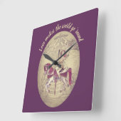 パープルかわいらし回転木馬イラストレーションと引用文 スクエア壁時計 (傾斜)