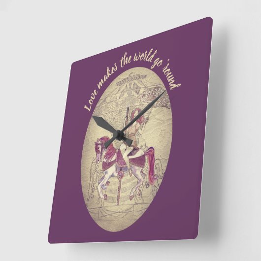 パープルかわいらし回転木馬イラストレーションと引用文 スクエア壁時計 (傾斜)