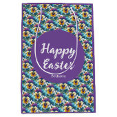 パープルかわいらし春パンシーパッチパターンイースター ミディアムペーパーバッグ (正面)