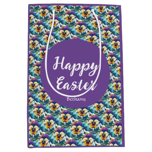 パープルかわいらし春パンシーパッチパターンイースター ミディアムペーパーバッグ (正面)