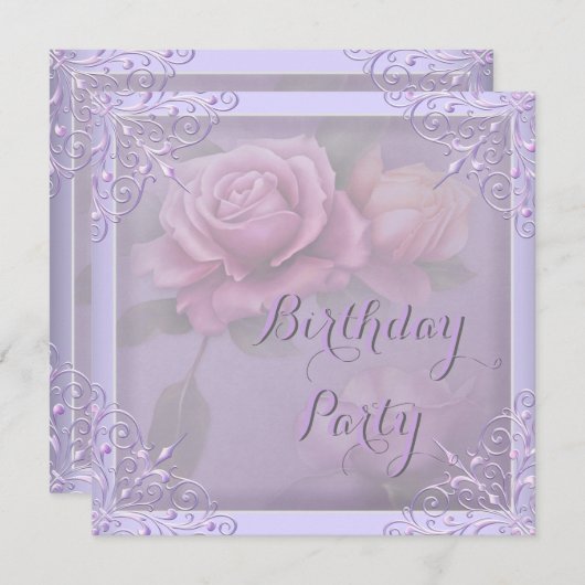 パープルかわいらし薄紫バラ誕生日パーティー 招待状 (正面/裏面)