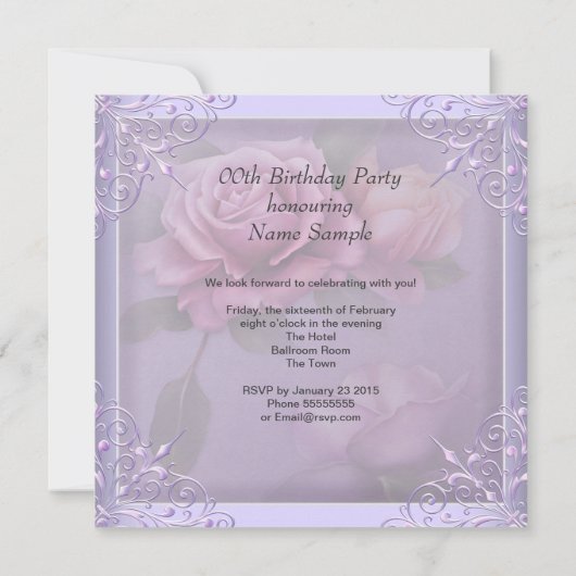 パープルかわいらし薄紫バラ誕生日パーティー 招待状 (裏面)