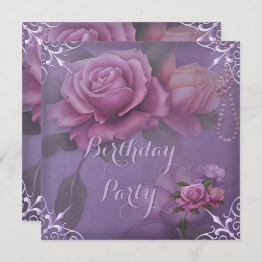 パープルかわいらし薄紫ピンクローズバースデーパーティー 招待状 (正面/裏面)