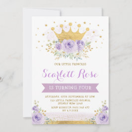 パープルかわいらし薄紫プリンセス金ゴールドクラウン誕生日 招待状