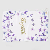 パープルかわいらし蝶名前をカスタムするレディースゴルフ ゴルフタオル (横)