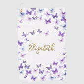 パープルかわいらし蝶名前をカスタムするレディースゴルフ ゴルフタオル (正面)