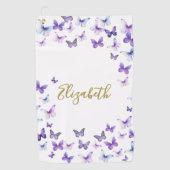 パープルかわいらし蝶名前をカスタムするレディース ゴルフタオル (正面)