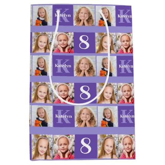 パープルかわいらし誕生日フォトコラージュカスタム ミディアムペーパーバッグ (正面)