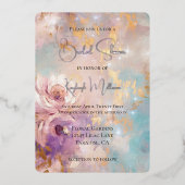 パープルかわいらし金ゴールドアクアブルーフローラブライダルシャワー 箔招待状 (正面)