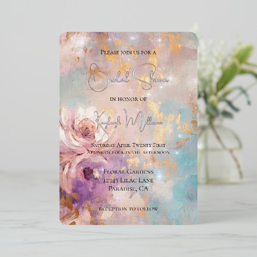 パープルかわいらし金ゴールドアクアブルーフローラブライダルシャワー 箔招待状 (立ち正面)
