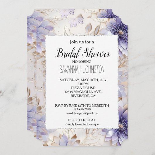 パープルかわいらし金ゴールドパールフローラ 招待状 (正面/裏面)